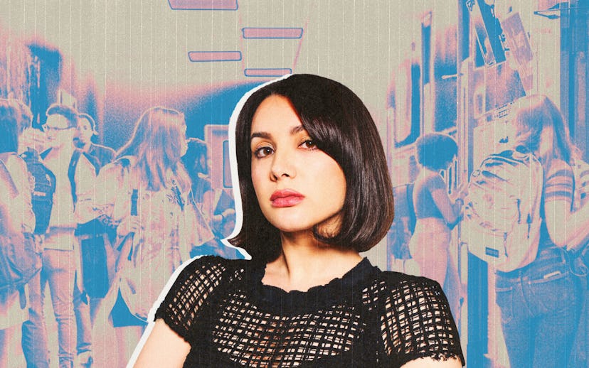 Woman in black textured top with a backdrop of a blurred crowd, styled in a collage aesthetic.