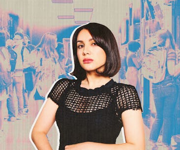 Woman in black textured top with a backdrop of a blurred crowd, styled in a collage aesthetic.