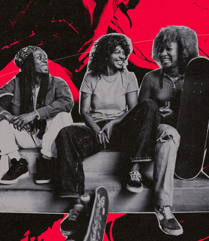 Black and white photo of 3 skateboarders sitting down with a red and black background for Amplifying...