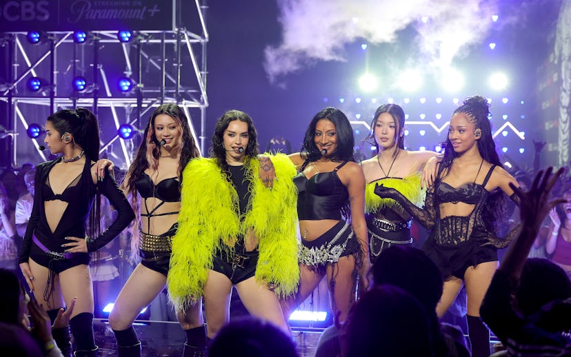 ELMONT, NEW YORK - SEPTEMBER 07: (L-R) Sophia, Megan, Daniela, Lara Raj, Yoonchae and Manon of KATSE...
