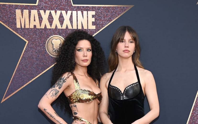 HOLLYWOOD, CALIFORNIA - JUNE 24: Halsey and Mia Goth attend the World Premiere Of A24's "MAXXXINE" a...