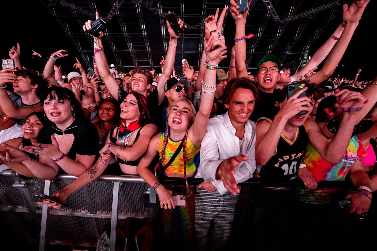 INDIO, CALIFORNIA - APRIL 23: General view of the crowd at the Sahara stage during the 2022 Coachell...