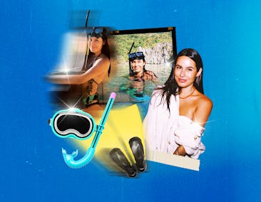 Collage of a woman snorkeling and posing on a beach, with snorkel gear and photos scattered on a blu...