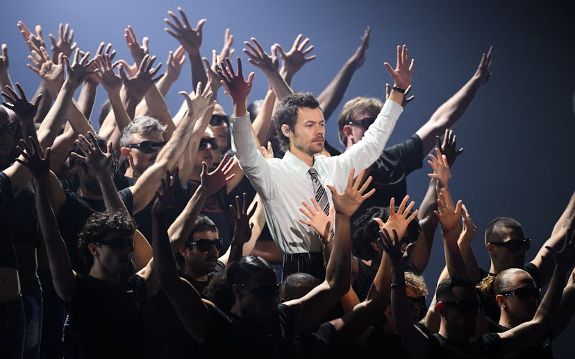 MANCHESTER, ENGLAND - FEBRUARY 28: (EDITORIAL USE ONLY) Harry Styles on stage during The BRIT Awards...