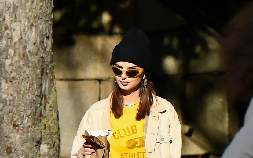 NEW YORK, NEW YORK - OCTOBER 08: Emily Ratajkowski and her dog Colombo seen out on October 08, 2024 ...