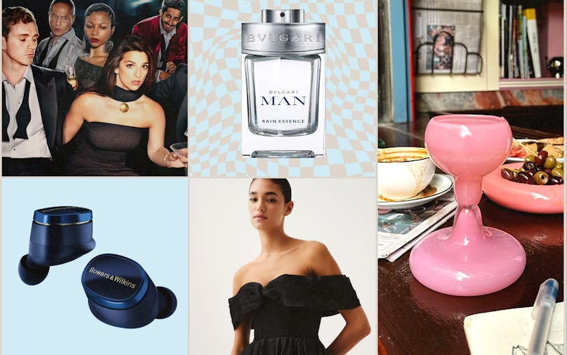A collage featuring a group of people, a bottle of BVLGARI fragrance, wireless earbuds, a model in a...