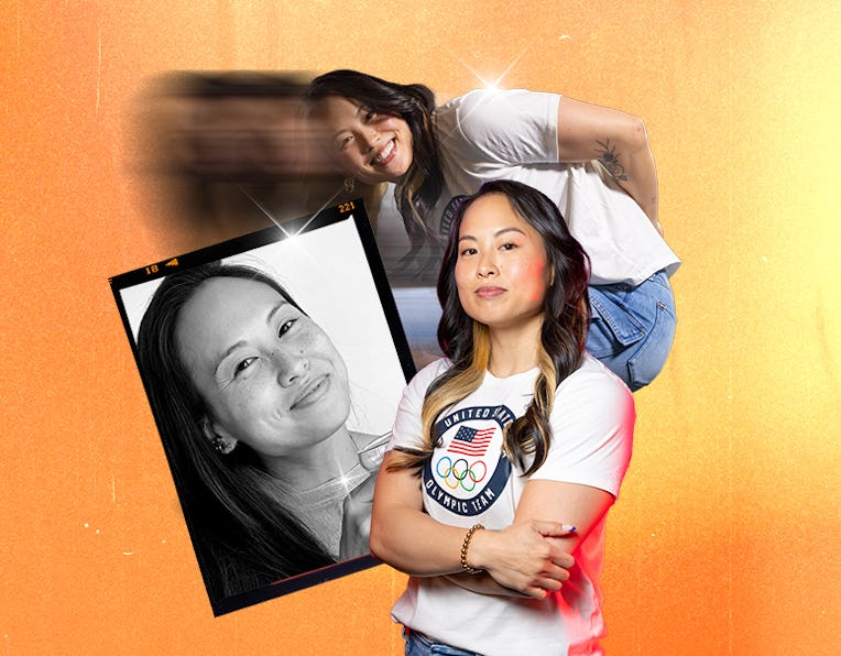A woman stands with her arms crossed, wearing an Olympic T-shirt, next to a blurred photo of herself...